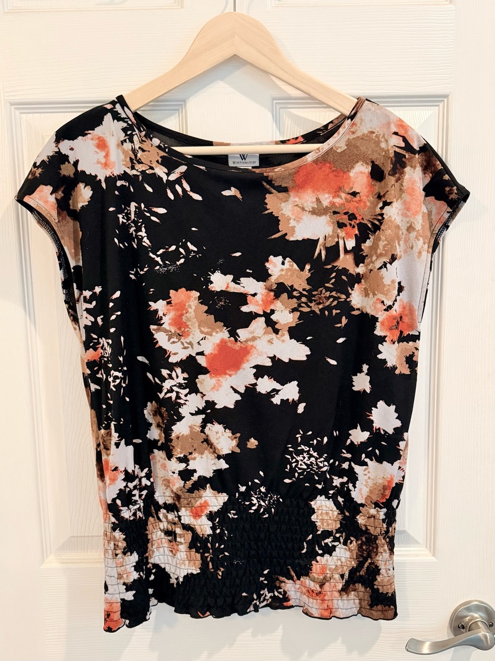 Worthington Black Floral Cap Sleeve Blouse with Coral and Cream Accents
